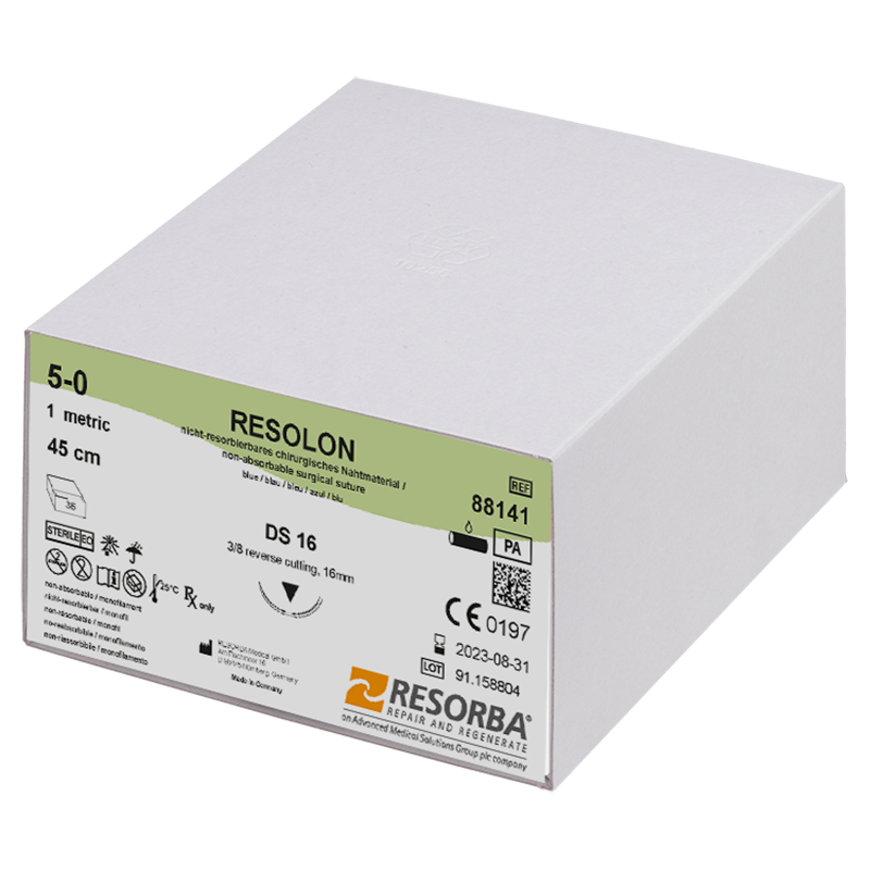 Резолон USP5-0 синій, довжина 45см, зворотньо-ріжуча голка 16мм, 3/8 кола